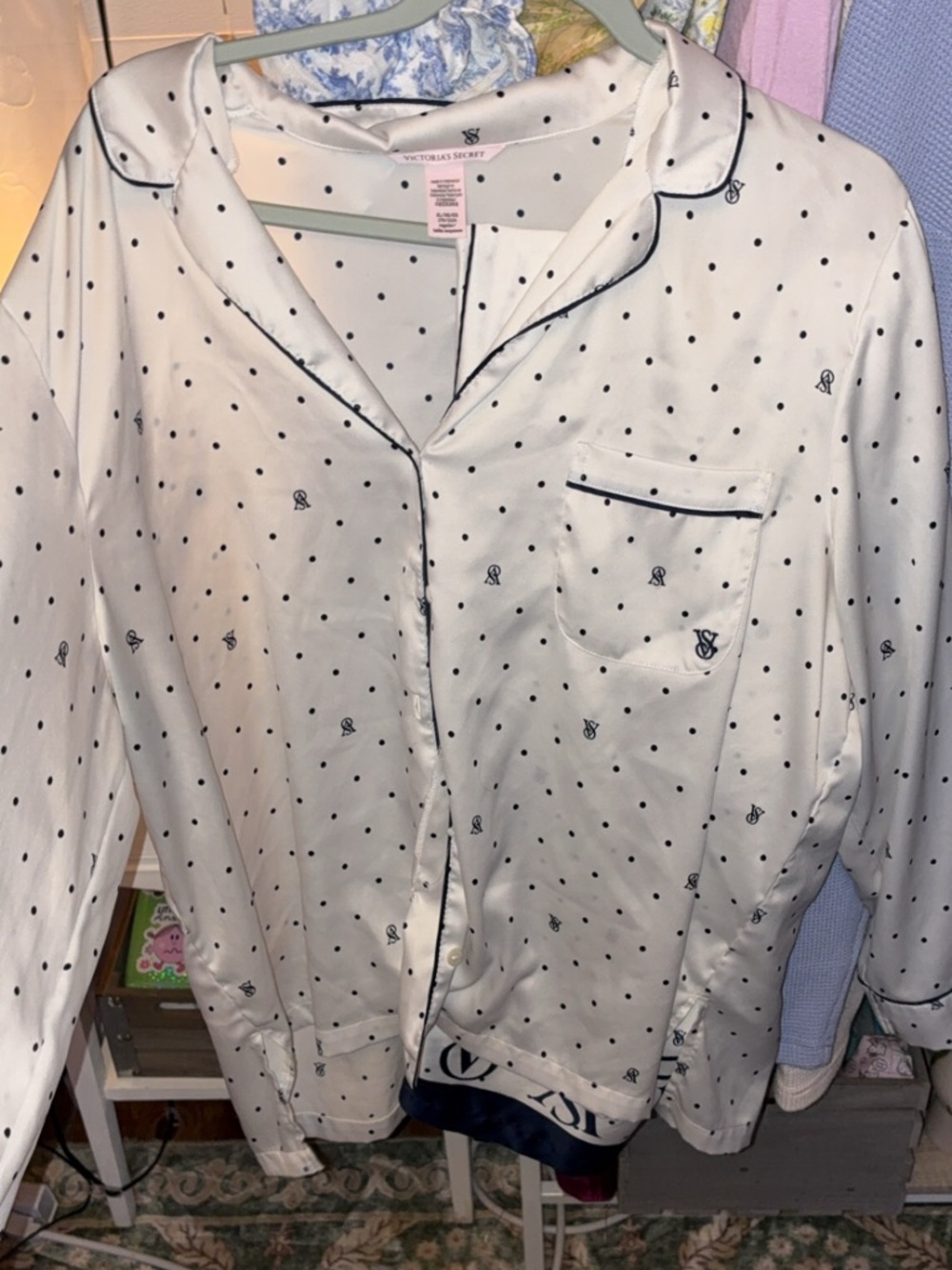 Victoria's Secret White Satin Polka Dot Pajama Top with Navy Trim
